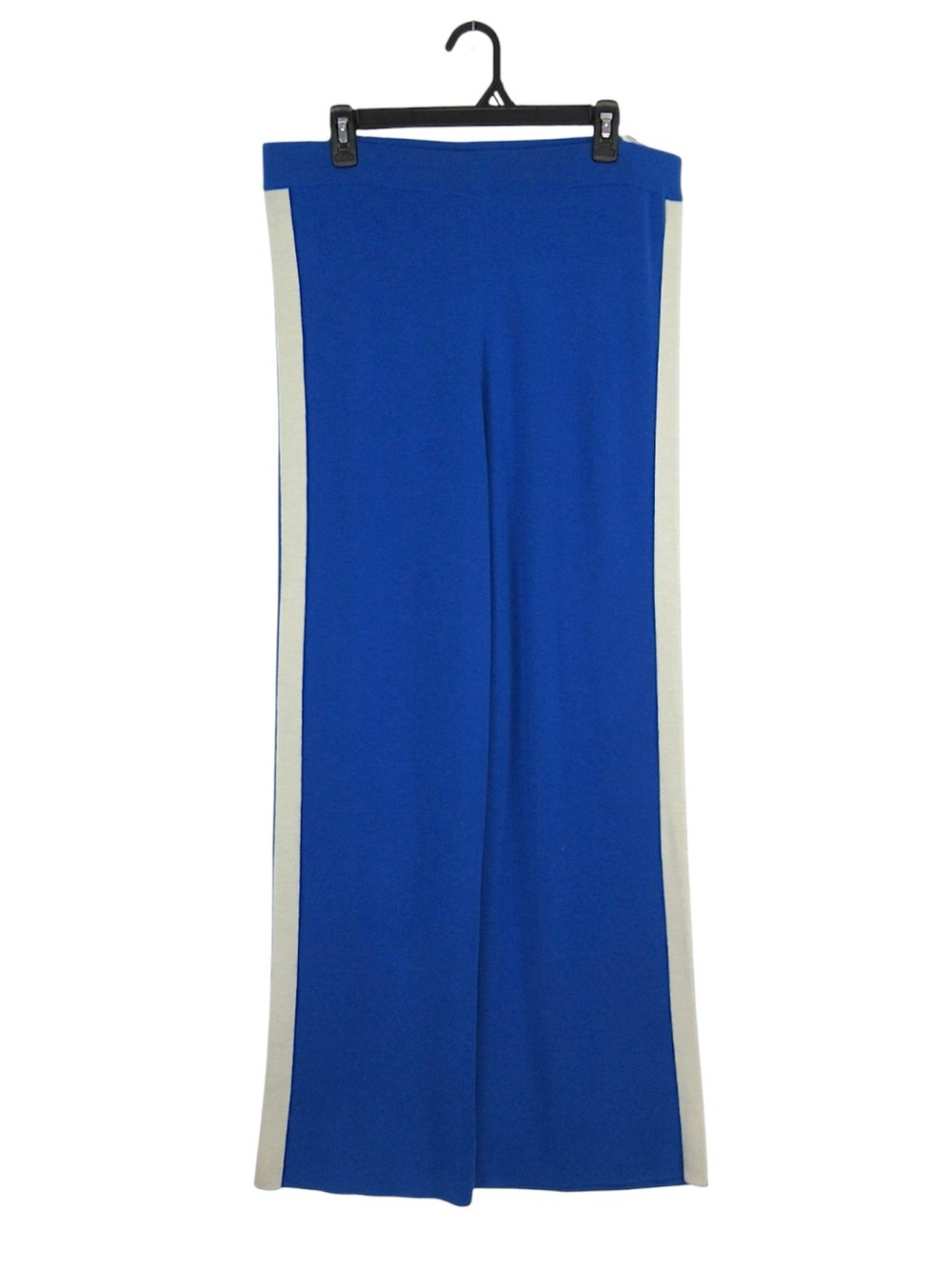 ST. JOHN 100% Wool Knit Wide Leg Pants Royal Blue Cream Side Stripe Size L - Picture 2 of 11